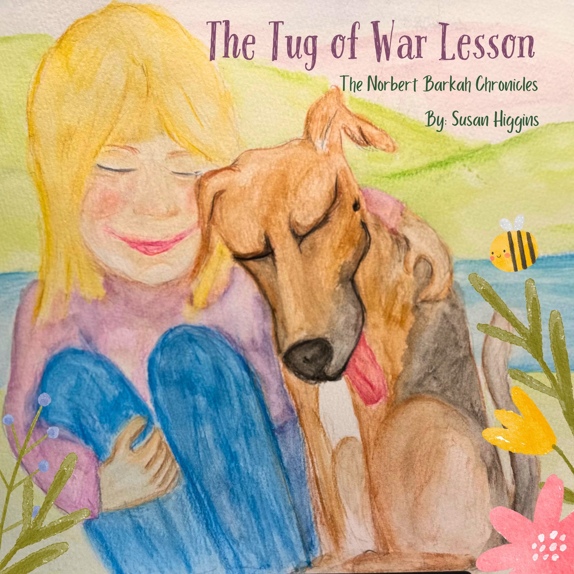 The Tug of War Lesson book cover - a watercolor illustration of a girl and Norbert sharing a gentle moment, by Susan Higgins